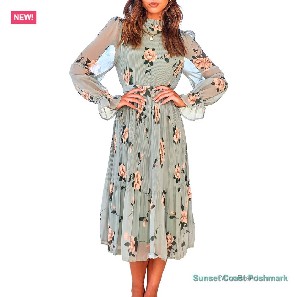 Floral Chiffon Midi Dress with Puff Long Sleeves and Mock Neck